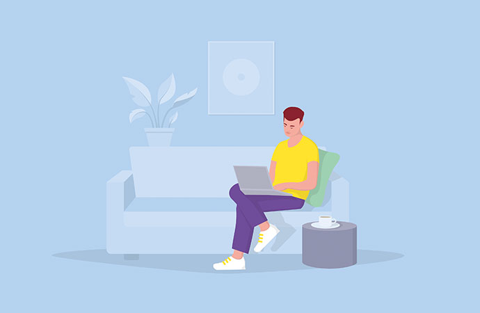 DBV Leipzig Plättner GmbH | Die Illustration zeigt einen Mann auf dem Sofa mit seinem Laptop