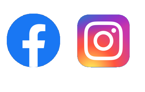 Logo von Instagram in einem quadratischen Farbverlauf aus Pink, Lila und Orange mit weißem Kamerasymbol, daneben das runde, blaue Facebook-Logo mit weißem „f“.