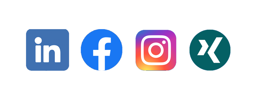 Logos von Linkedin, Facebook, Instagram und XING