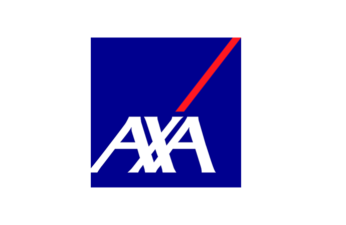 Logo der AXA Versicherung auf blauem Hintergrund mit wei&szlig;em Schriftzug &bdquo;AXA&ldquo; und einem schr&auml;gen roten Streifen &uuml;ber dem letzten Buchstaben.