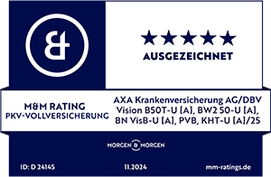 Bewertungsplakette von Morgen & Morgen für PKV-Vollversicherung mit fünf Sternen und dem Wort „Ausgezeichnet“. Bewertet wird die AXA Krankenversicherung AG/DBV mit mehreren Tarifkombinationen, die ID lautet 24145, gültig bis November 2024. M&M Rating PKV-Vollversicherung 5 Sterne