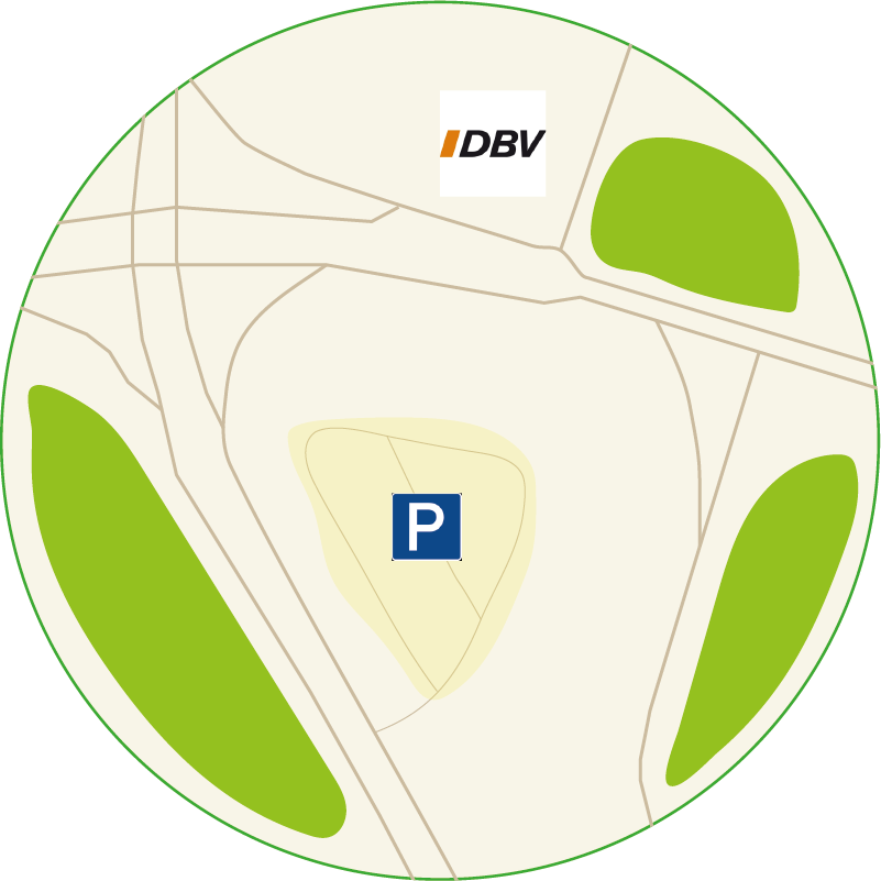 Vereinfachte Umgebungskarte mit markiertem Parkplatz und DBV-Standort in der N&auml;he