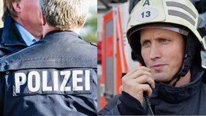 Wichtige Versicherungen für Feuerwehrleute der DBV Deutsche Beamtenversicherung der Absolut Finanz in Ulm Links ist ein Polizist von hinten zu sehen, auf dessen Uniform deutlich das Wort „Polizei“ steht. Rechts spricht ein Feuerwehrmann mit Helm und Schutzkleidung in ein Funkgerät. Im Hintergrund ist ein Einsatzfahrzeug erkennbar.